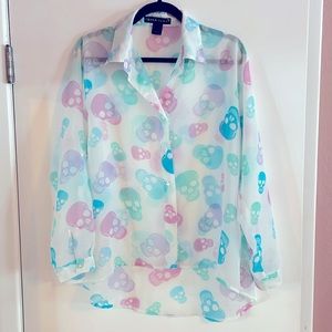 Pastel Skulls Button Down Sheer Blouse - Derek Heart Sz L